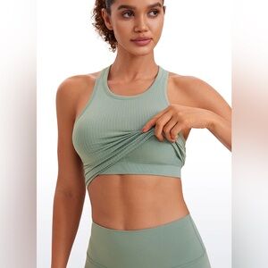 CRZ YOGA Seamless Ribbed Longline High Neck Crop Tank Racerback Green Sz M 8-10